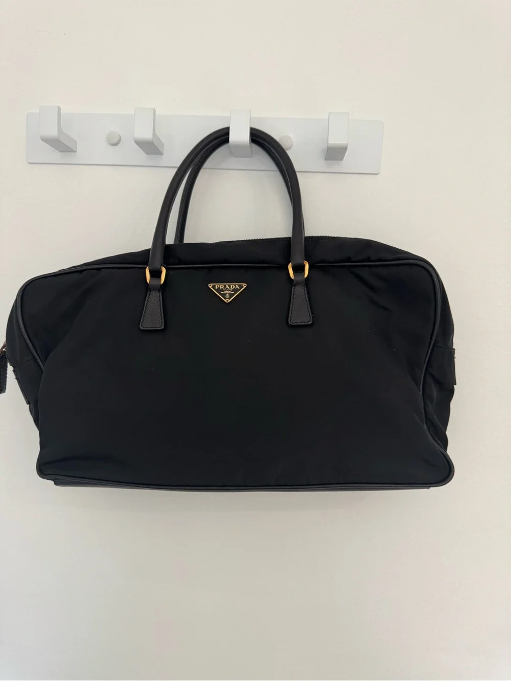 Prada Black Nylon Duffel with Leather Handles and Gold Hardware